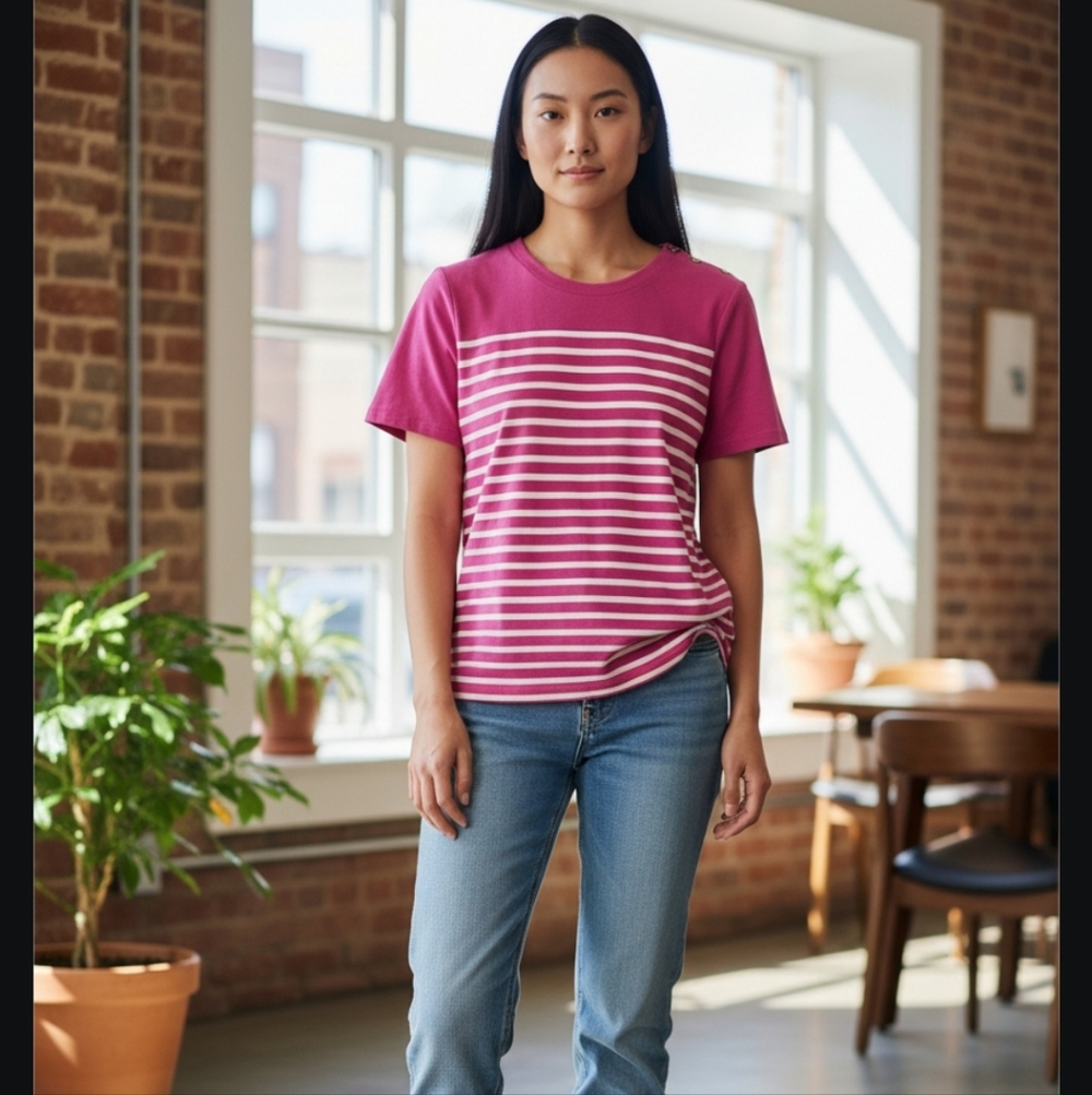 Lauren Ralph Lauren 100% Cotton Pink and White Striped Women's Tee Size--L